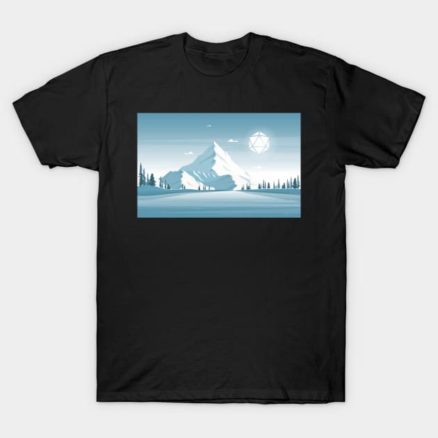 Snowy Mountain Hiking Polyhedral D20 Dice Sun RPG Landscape T-Shirt by pixeptional